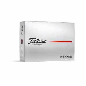 Box of Titleist Pro V1x golf balls with white packaging.