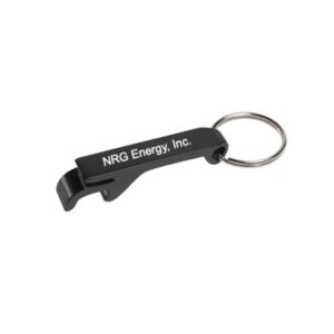 Black NRG Energy keychain bottle opener with silver keyring.