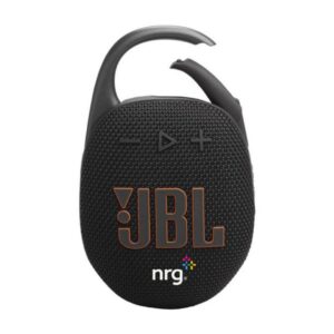 Compact black JBL portable Bluetooth speaker with a carabiner clip.