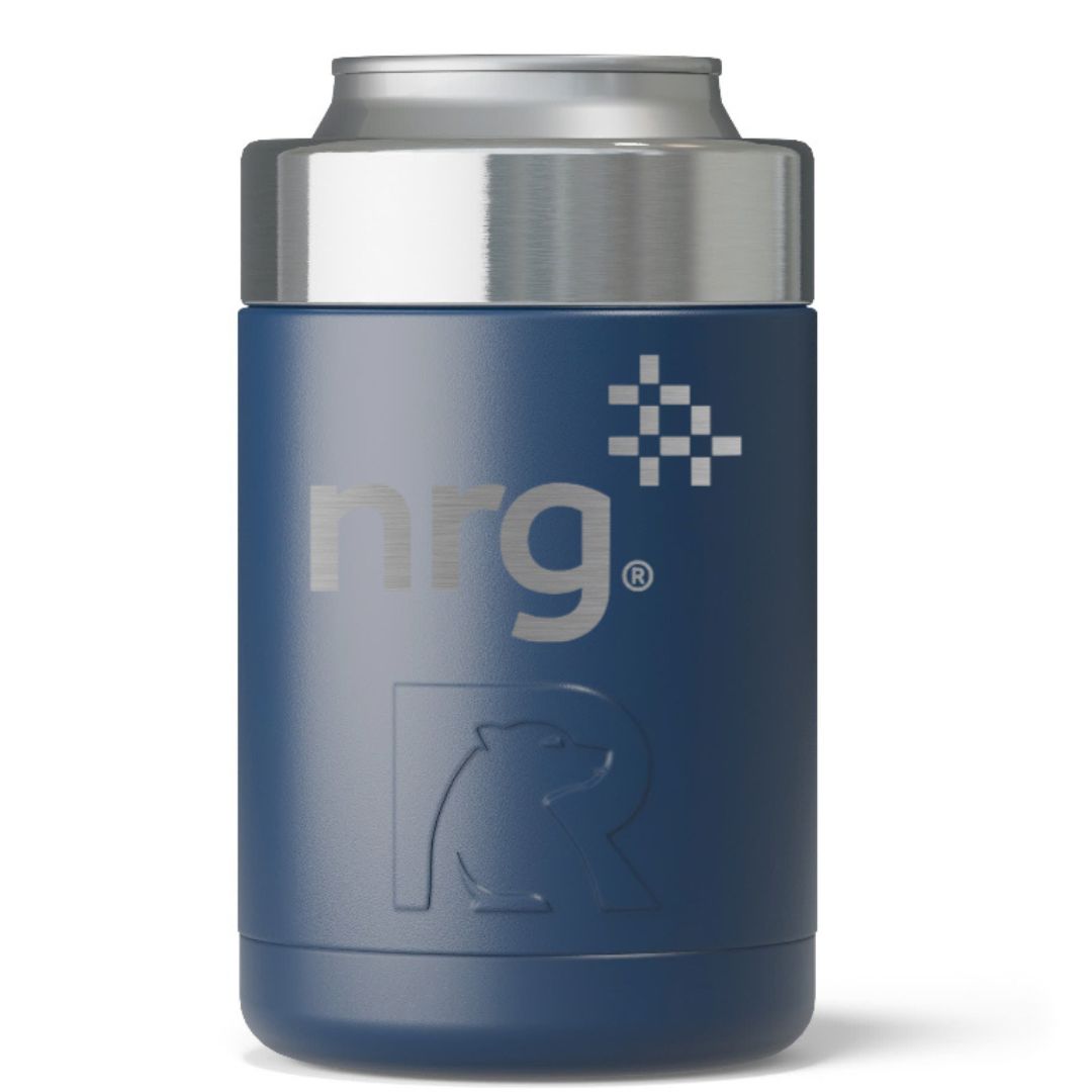 A blue insulated can cooler with a silver top and white logo.
